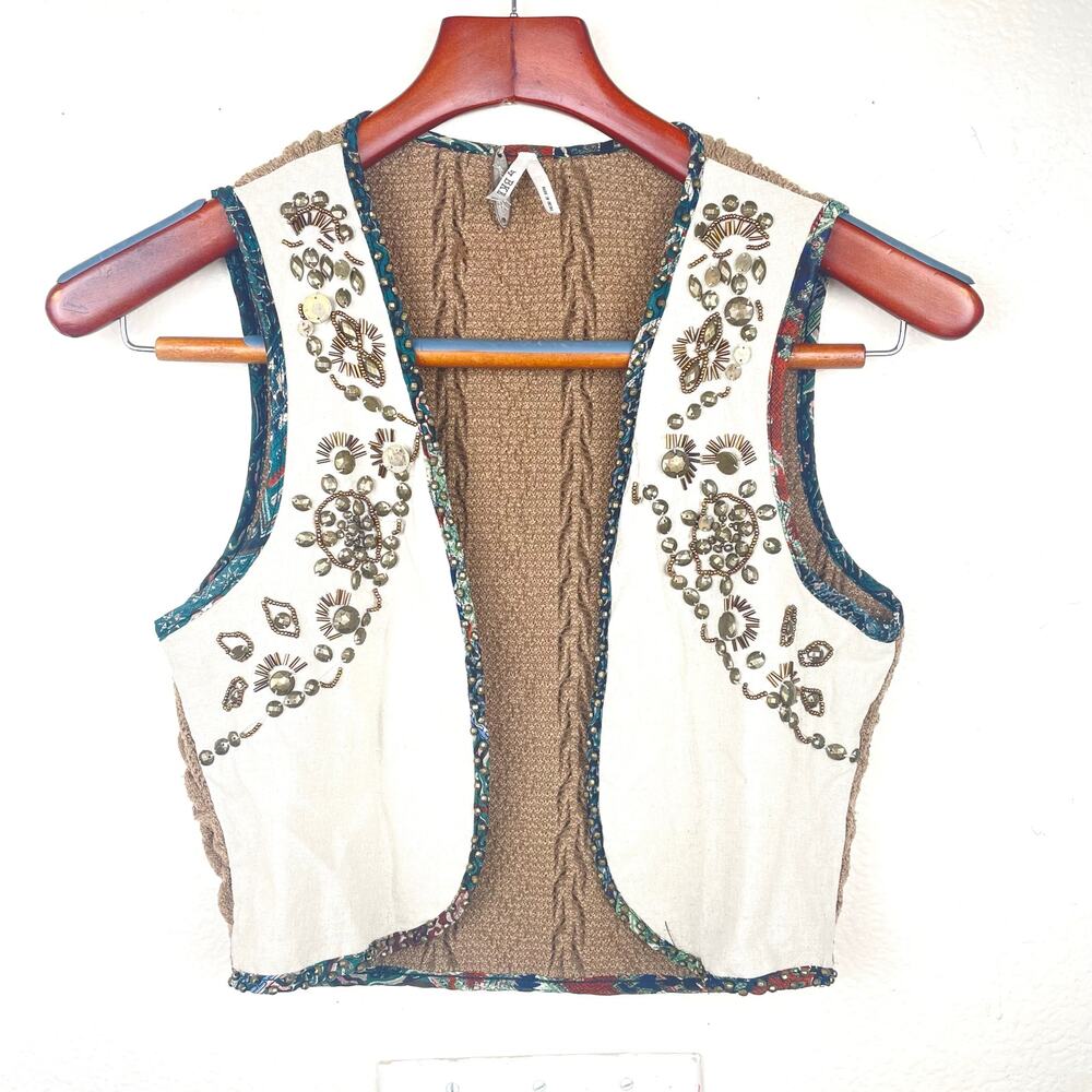 Womens‎ Vest Sz S Linen Embroidered Fairy Grunge Cottage Renaissance Boho Whimsy